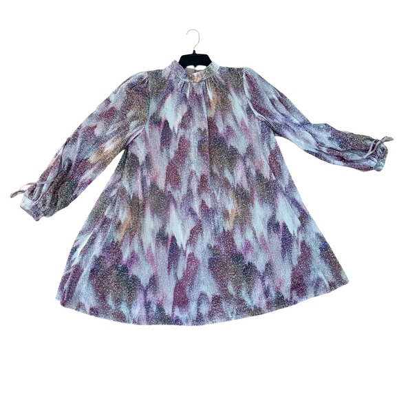 Belle Badgley Mischka Sequin Purple Print Trapeze Dress Long Sleeve Mod S M - Picture 8 of 11